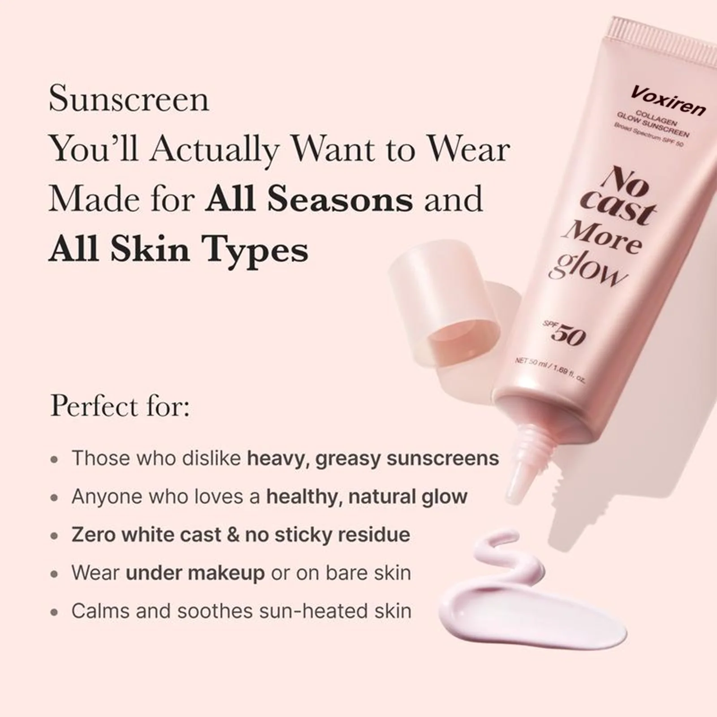 Voxiren Lightweight SPF 50 Broad Spectrum Face Sunscreen | Daily Hydrating Formula with Peptides & Cica
