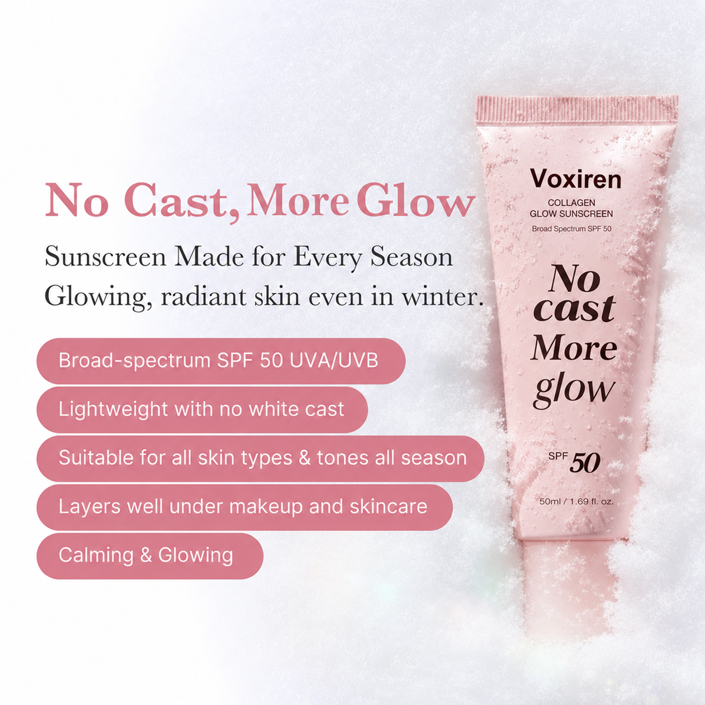 Voxiren Lightweight SPF 50 Broad Spectrum Face Sunscreen | Daily Hydrating Formula with Peptides & Cica